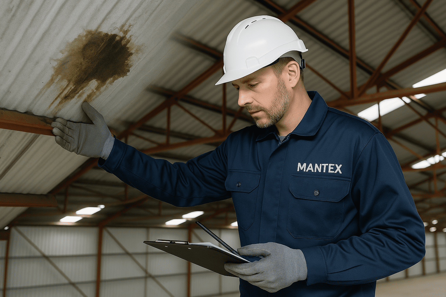 Operario de MANTEX diagnosticando filtraciones cubiertas industriales Barcelona en una nave industrial